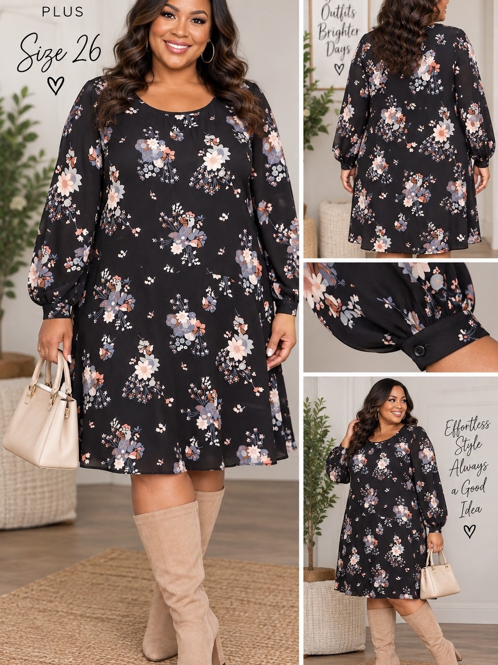 LOFT Plus Size 26 Black Floral Bell Sleeve Swing Dress Boho Romantic